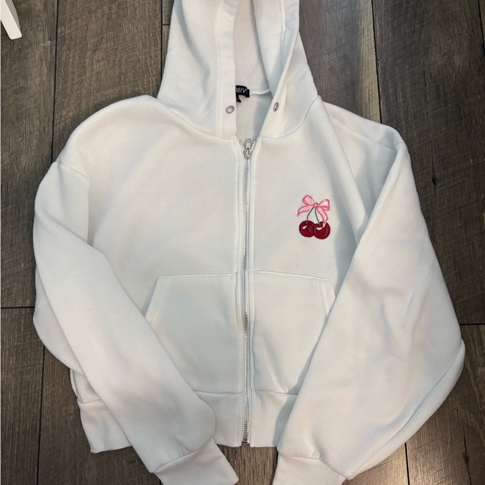 White Hoodie with Cherry Embroidery